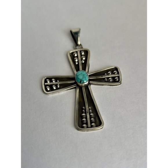 925 Sterling Silver Oxidized & Turquoise Cross Pendant - Picture 7 of 16